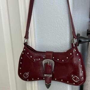 Burgundy Studded Shoulder Bag with Western Buckle